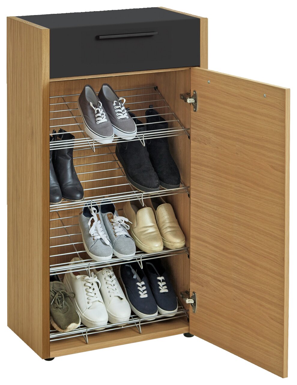 Schuhschrank aus Holz mit schwarzer Schublade, geöffnete rechte Tür, zeigt mehrere Paar Schuhe auf Metallregalen.