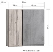 Hängeschrank 65 cm in Frontansicht mit Holz- und Betonoptik, Maße 65x64x20 cm