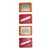 Vier Mandolinen-/Gemüsehobel-Einsätze in Rot und Orange mit Edelstahlklingen bzw. Reibeplatten, Draufsicht auf weißem Hintergrund