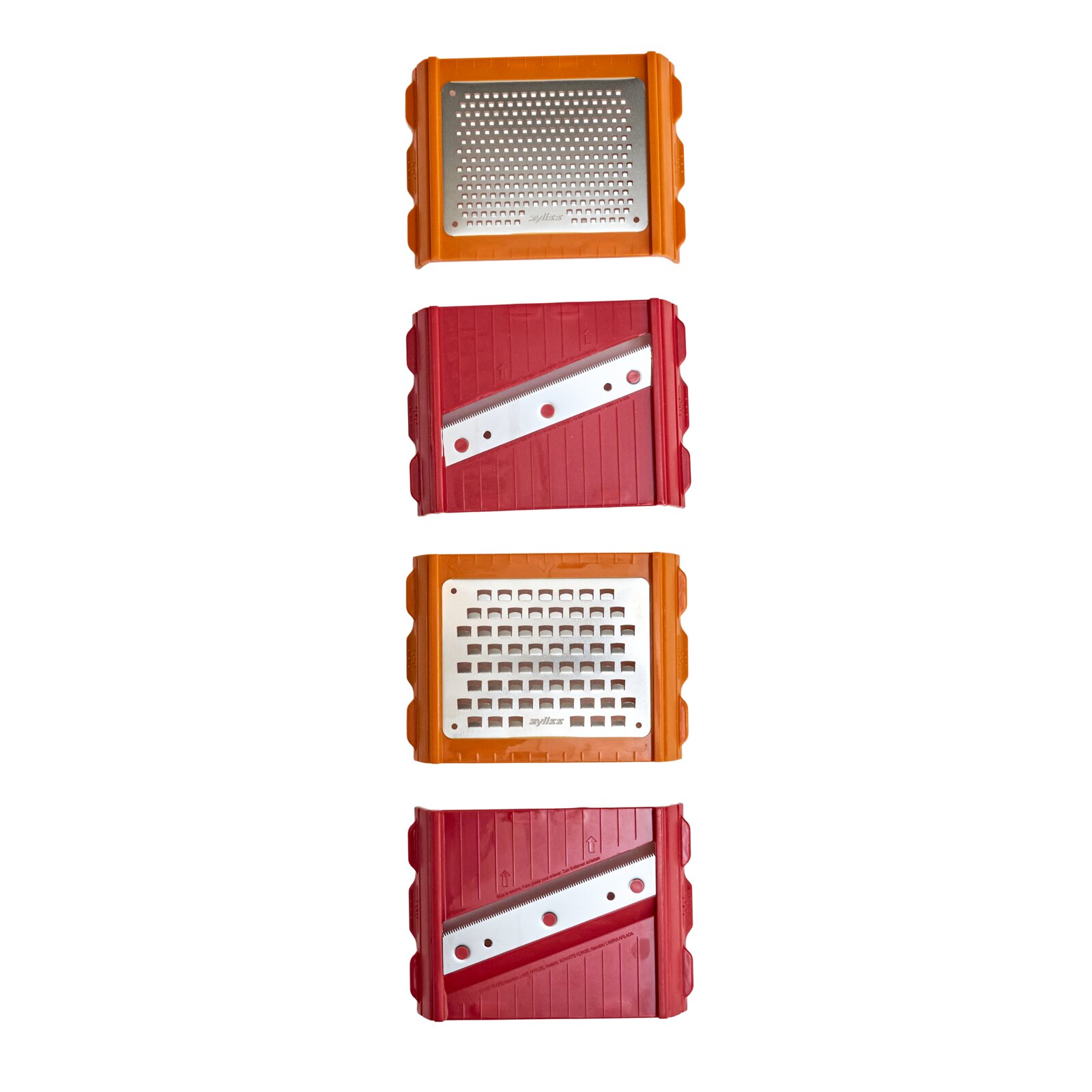 Vier Mandolinen-/Gemüsehobel-Einsätze in Rot und Orange mit Edelstahlklingen bzw. Reibeplatten, Draufsicht auf weißem Hintergrund