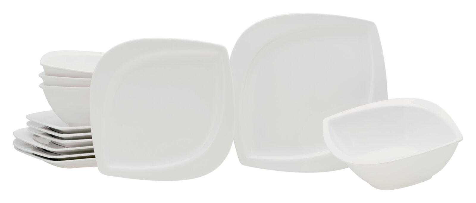 Creatable Tellerset 12-tlg MELBOURNE Weißes, quadratisch abgerundetes Geschirrset mit Tellern und Schalen, leicht schräg von vorne in Seitenansicht fotografiert