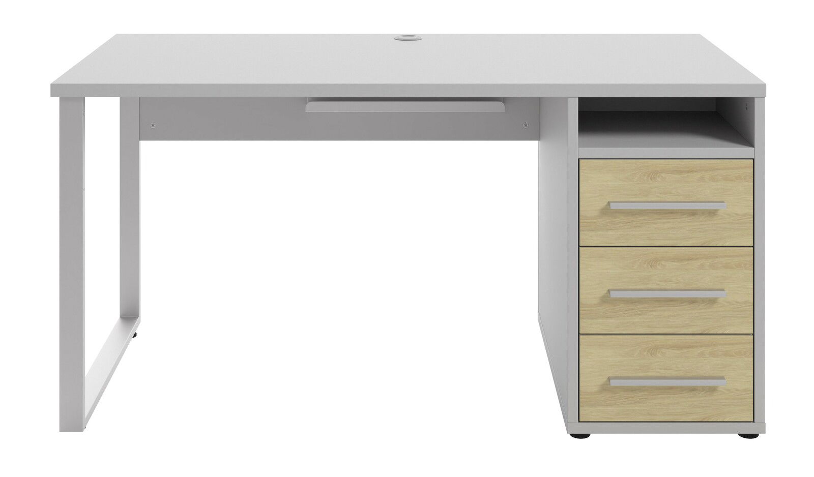 Moderner Schreibtisch mit grauer Oberfläche und drei Holzschubladen, Frontalansicht
