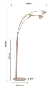 Vooraanzicht van een moderne beige vloerlamp met drie gebogen armen en drie ronde lichtkoppen, inclusief maataanduidingen: 1645 mm hoog, 835 mm breed en voet Ø 320 mm.