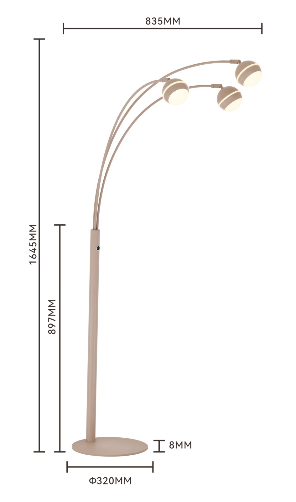 Vooraanzicht van een moderne beige vloerlamp met drie gebogen armen en drie ronde lichtkoppen, inclusief maataanduidingen: 1645 mm hoog, 835 mm breed en voet Ø 320 mm.