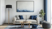 Moderne Stehleuchte mit schwarzem Lampenschirm und Holzstiel, seitliche Perspektive im Wohnzimmer.