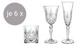 Dreiteiliges Melodia Becherset mit je 6 Gläsern: ein Whiskyglas, ein Weinglas und ein Sektglas, seitliche Ansicht.