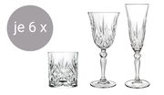 Dreiteiliges Melodia Becherset mit je 6 Gläsern: ein Whiskyglas, ein Weinglas und ein Sektglas, seitliche Ansicht.