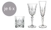 Dreiteiliges Melodia Becherset mit je 6 Gläsern: ein Whiskyglas, ein Weinglas und ein Sektglas, seitliche Ansicht.