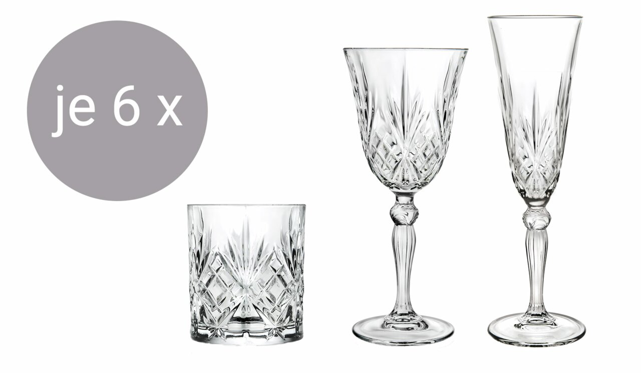 RCR Italia Becherset 18-tlg. MELODIA Dreiteiliges Melodia Becherset mit je 6 Gläsern: ein Whiskyglas, ein Weinglas und ein Sektglas, seitliche Ansicht.