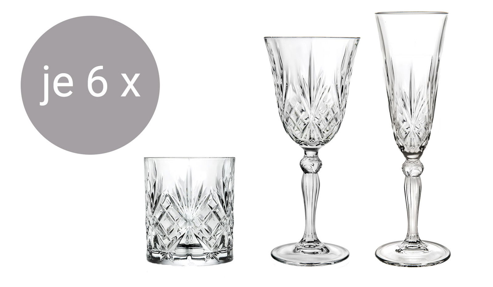 Dreiteiliges Melodia Becherset mit je 6 Gläsern: ein Whiskyglas, ein Weinglas und ein Sektglas, seitliche Ansicht.