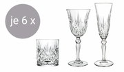 Driedelige Melodia-glazenset met elk 6 glazen: een whiskyglas, een wijnglas en een champagneglas, zijaanzicht.