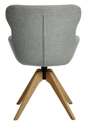 Rückansicht eines modernen Stuhls mit grauem Stoffbezug und Holzbeinen.