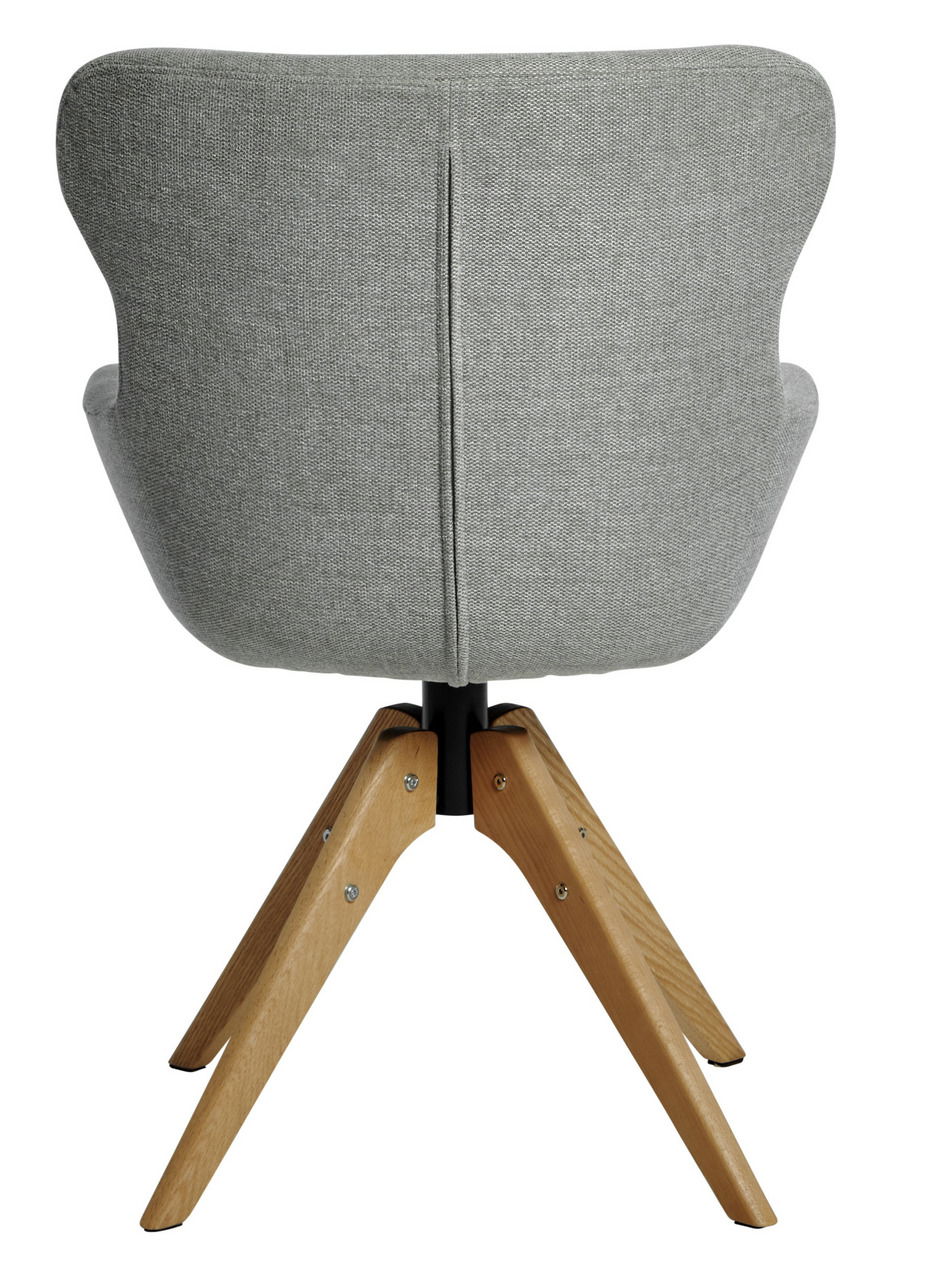 Rückansicht eines modernen Stuhls mit grauem Stoffbezug und Holzbeinen.