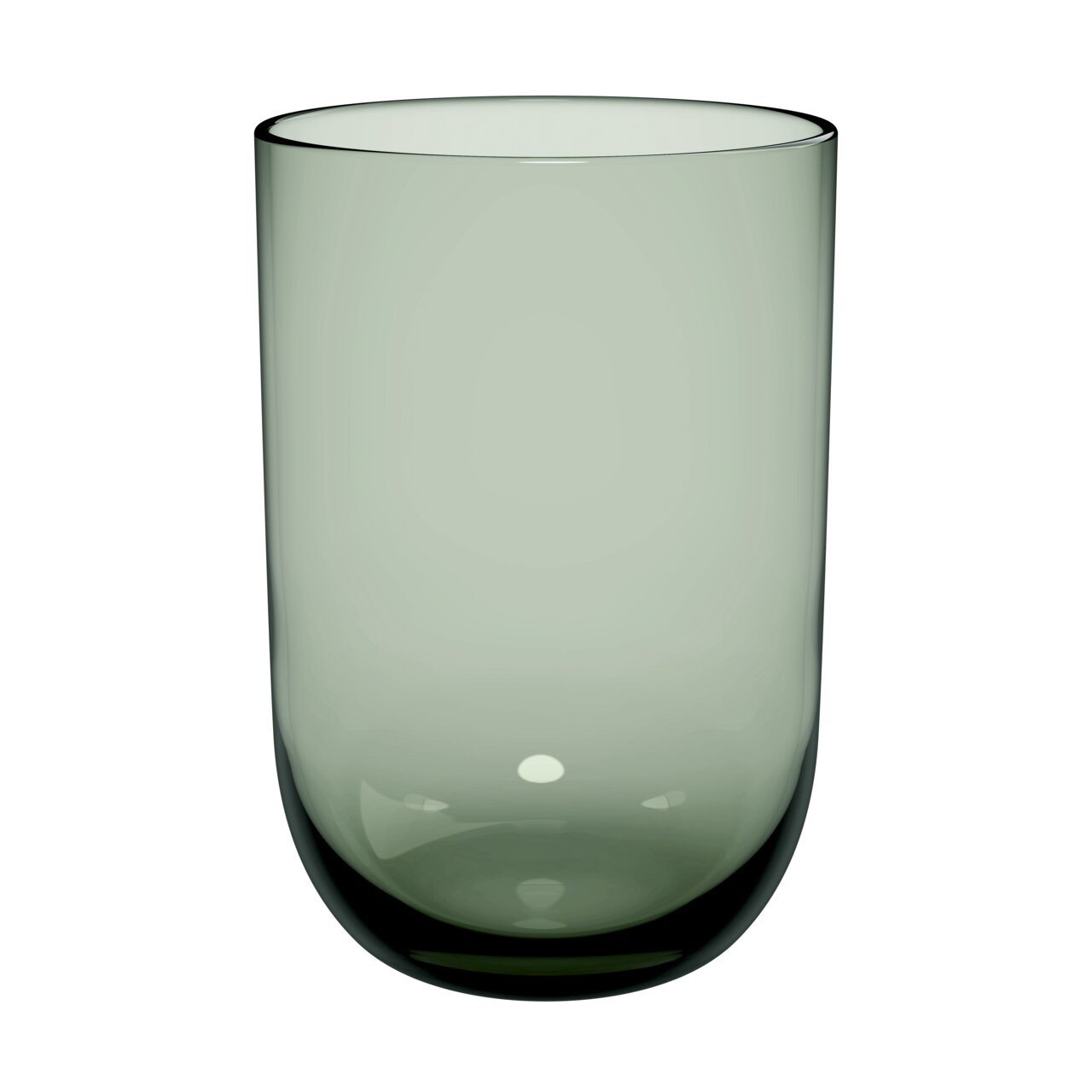 Grüner Longdrinkbecher aus Glas, frontal fotografiert.