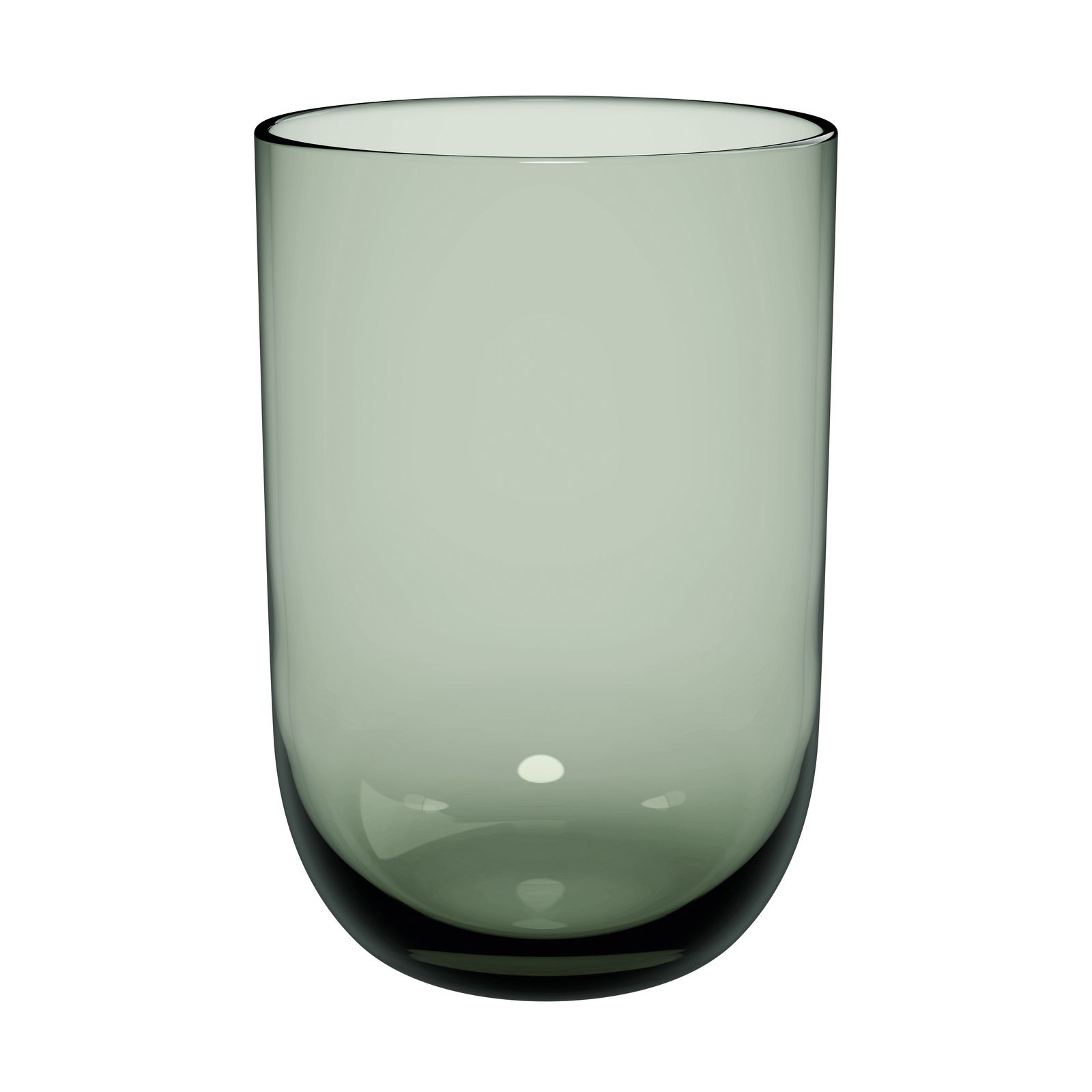 Grüner Longdrinkbecher aus Glas, frontal fotografiert.
