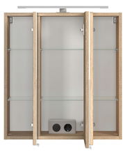 Spiegelschrank mit drei Türen, Holzrahmen und Glasregalen, frontale Ansicht