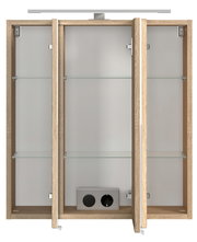 Spiegelschrank mit drei Türen, Holzrahmen und Glasregalen, frontale Ansicht