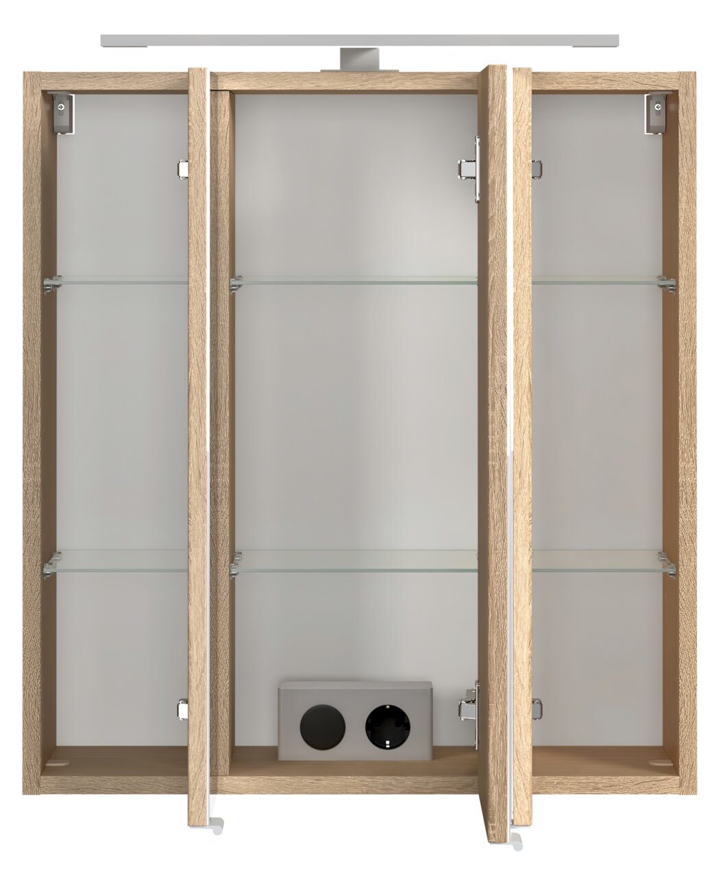 Spiegelschrank mit drei Türen, Holzrahmen und Glasregalen, frontale Ansicht