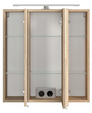 Spiegelschrank mit drei Türen, Holzrahmen und Glasregalen, frontale Ansicht
