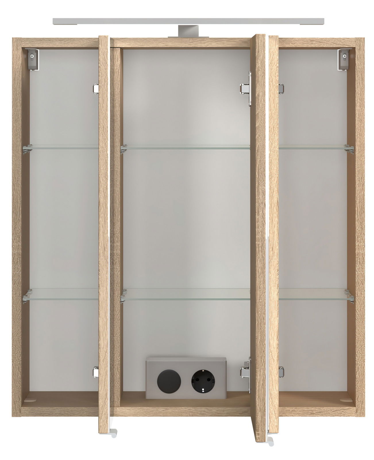 Spiegelschrank mit drei Türen, Holzrahmen und Glasregalen, frontale Ansicht