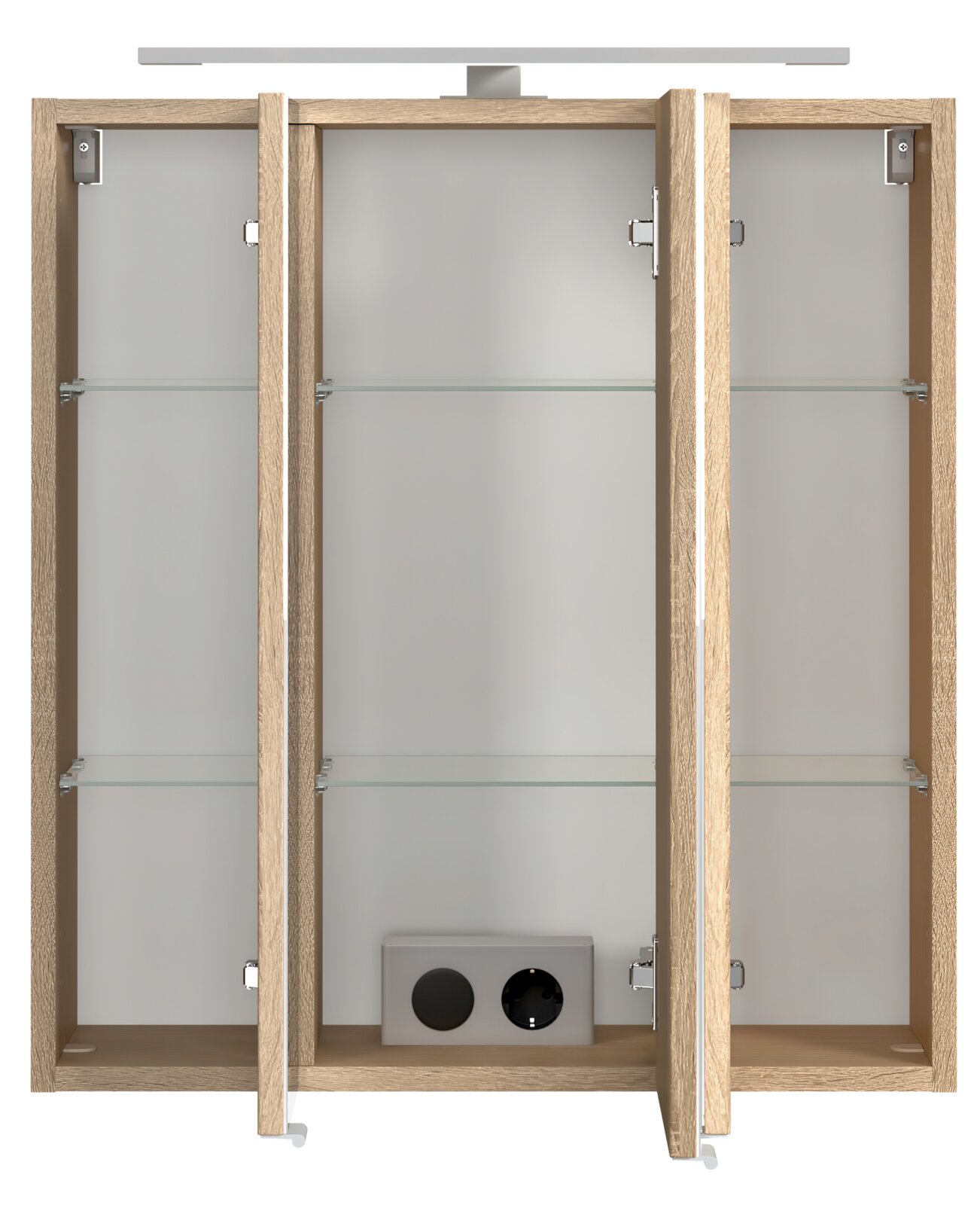 Spiegelkast met drie deuren, houten frame en glazen planken, vooraanzicht