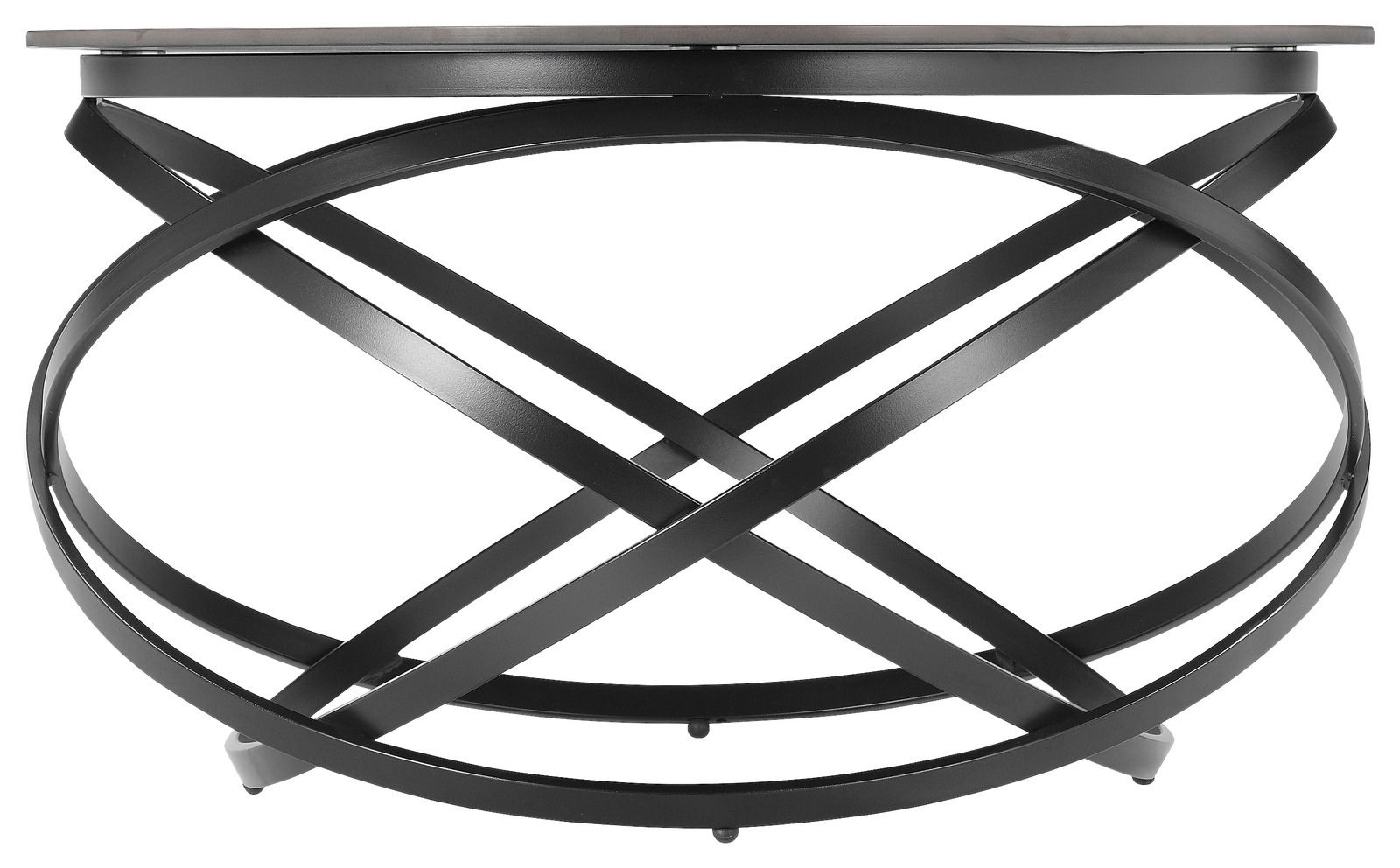 Moderner Couchtisch mit schwarzem, kreuzförmigem Metallgestell, seitliche Perspektive