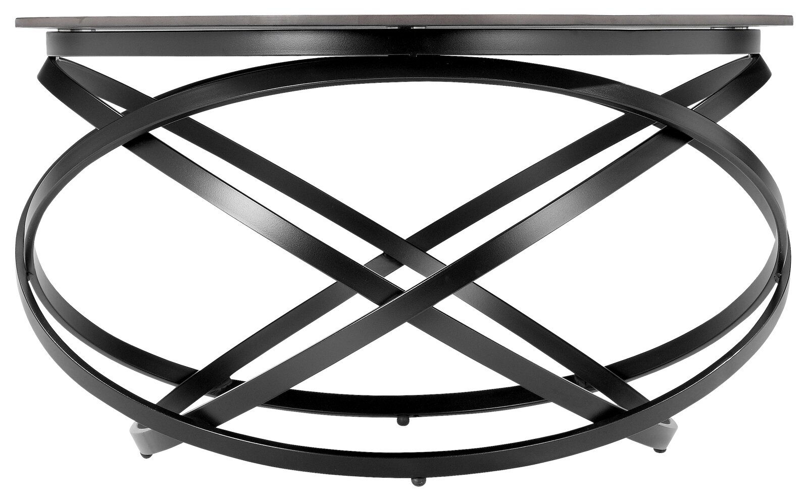 Moderner Couchtisch mit schwarzem, kreuzförmigem Metallgestell, seitliche Perspektive