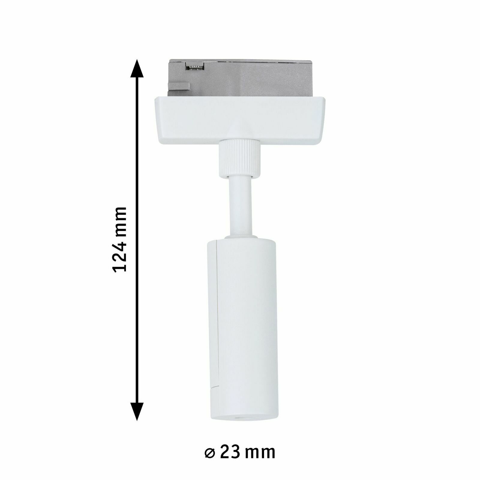Weißer Pendeladapter mit einer Länge von 124 mm und einem Durchmesser von 23 mm, seitliche Ansicht.