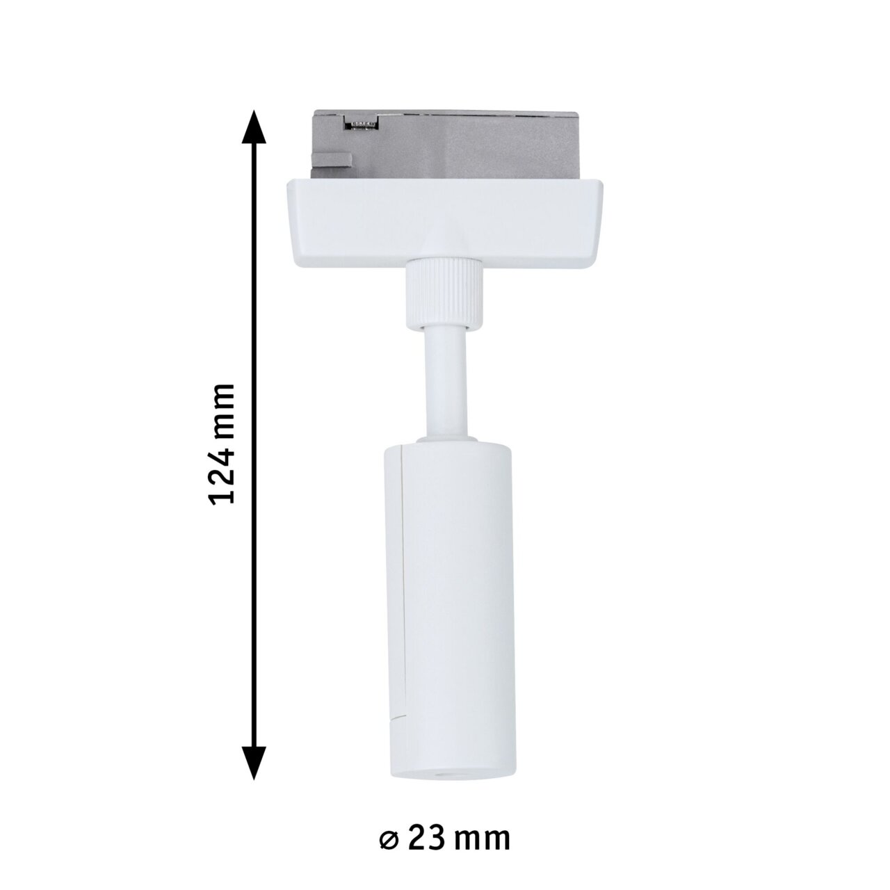 Weißer Pendeladapter mit einer Länge von 124 mm und einem Durchmesser von 23 mm, seitliche Ansicht.