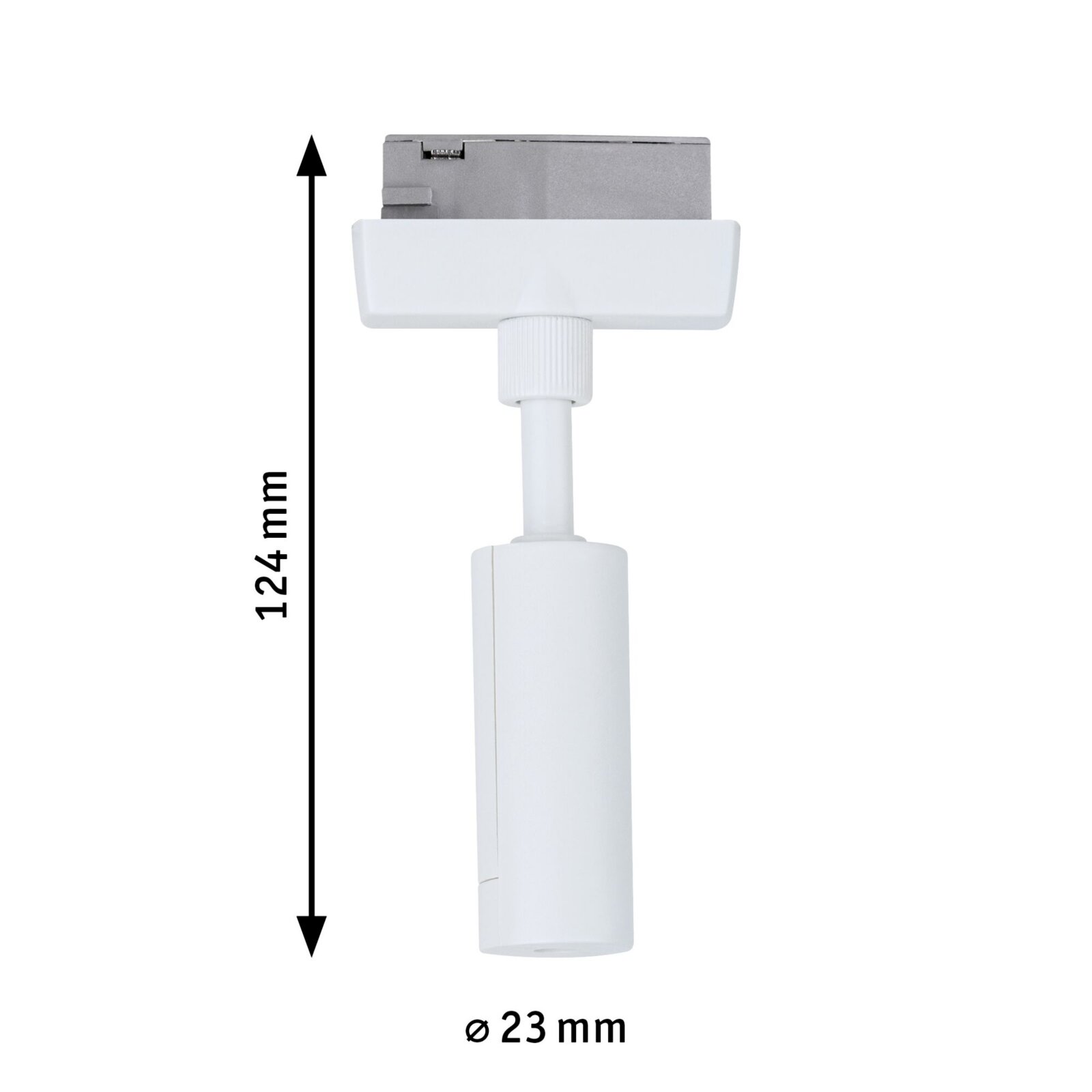 Weißer Pendeladapter mit einer Länge von 124 mm und einem Durchmesser von 23 mm, seitliche Ansicht.