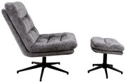 Grauer, drehbarer Sessel mit Hocker, seitliche Perspektive