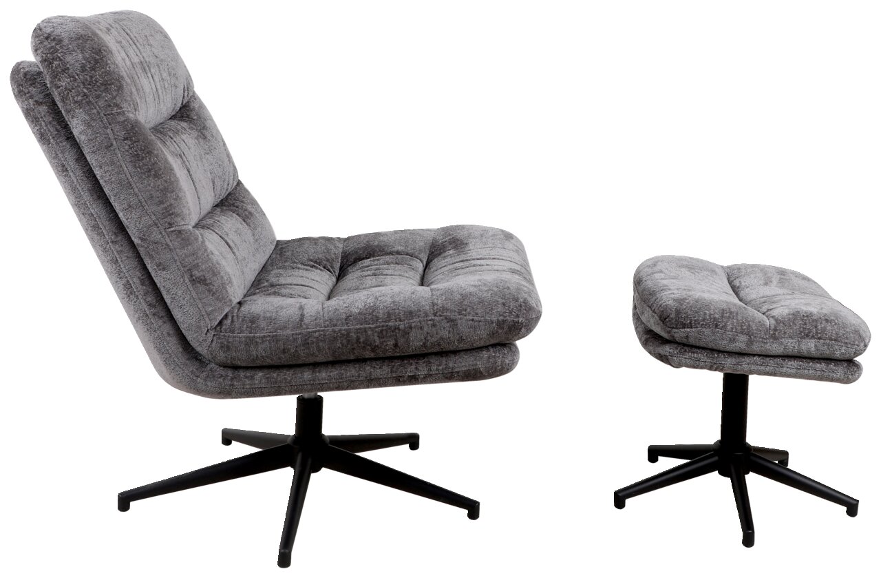 Grauer, drehbarer Sessel mit Hocker, seitliche Perspektive