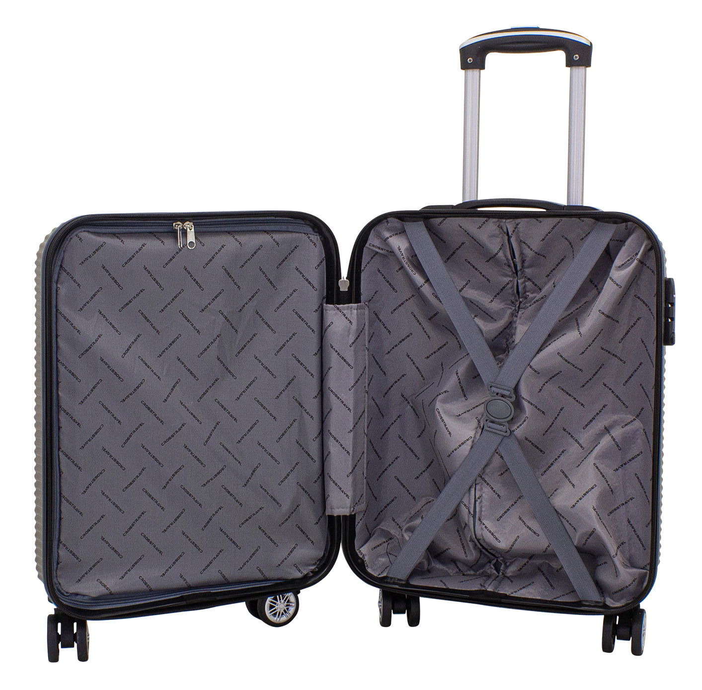 Geöffneter Trolley in Champagnerfarbe mit ausziehbarem Griff und Innenfächern, Perspektive von vorne