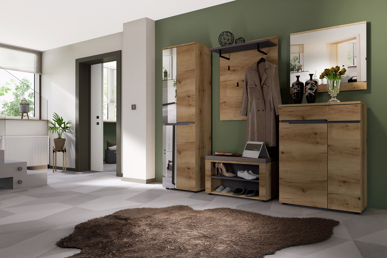 Moderne Garderobeneinrichtung in Holzoptik mit Spiegel, Garderobenbank und Schuhschrank, seitliche Perspektive.