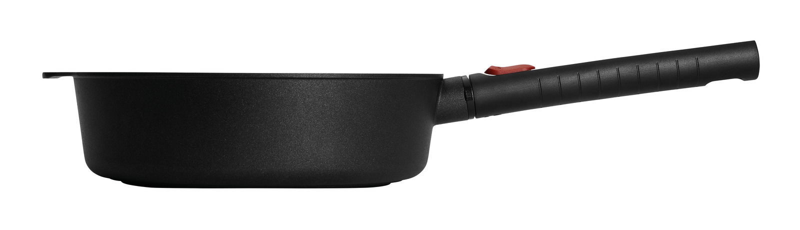 Gusseiserne Hochrandpfanne 28cm mit langem Griff, seitliche Perspektive