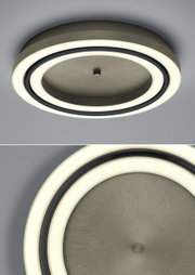 Moderne LED-Deckenleuchte BEN in runder Form mit zwei leuchtenden Ringen, seitliche und Nahaufnahme-Perspektive.