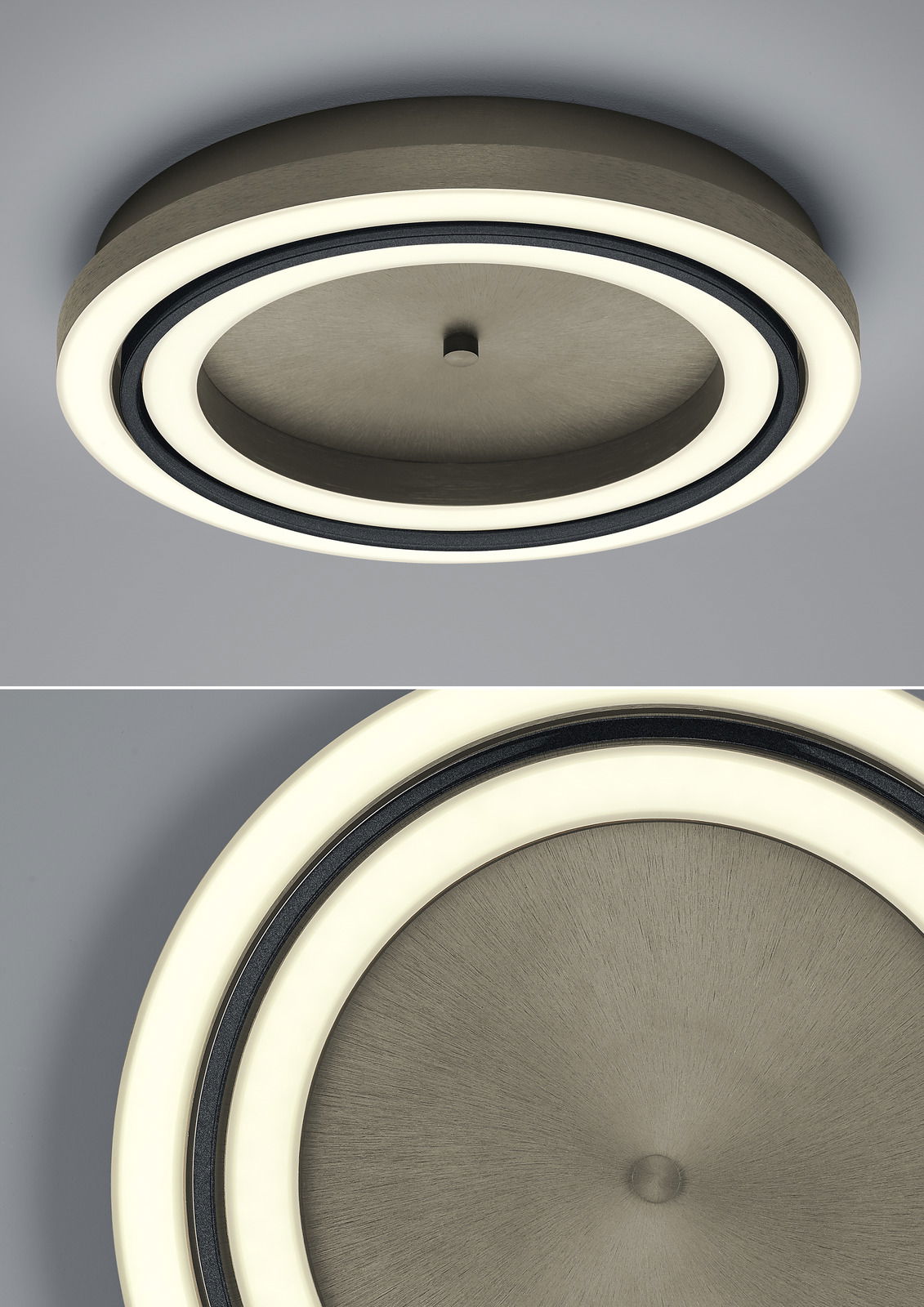 Moderne LED-Deckenleuchte BEN in runder Form mit zwei leuchtenden Ringen, seitliche und Nahaufnahme-Perspektive.