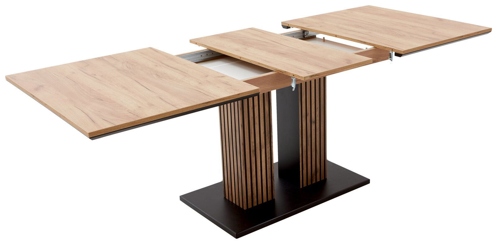 Erweiterbarer Esstisch aus Holz mit modernem Design, seitliche Perspektive