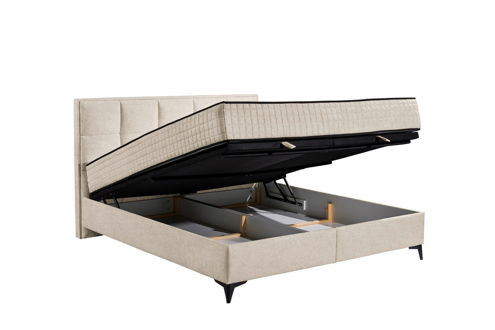 Boxbett mit hochgeklappter Matratze und Stauraum, seitliche Perspektive