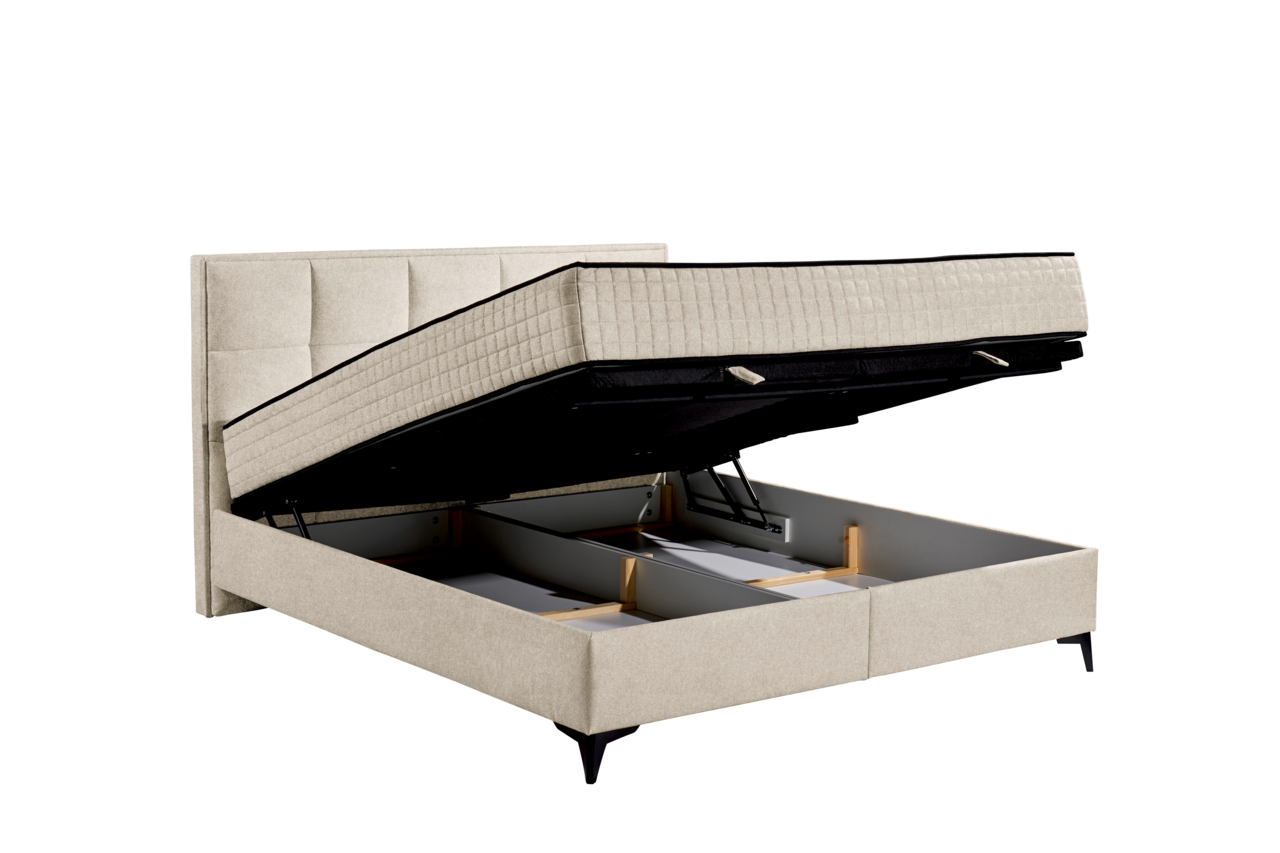 Boxbett mit hochgeklappter Matratze und Stauraum, seitliche Perspektive