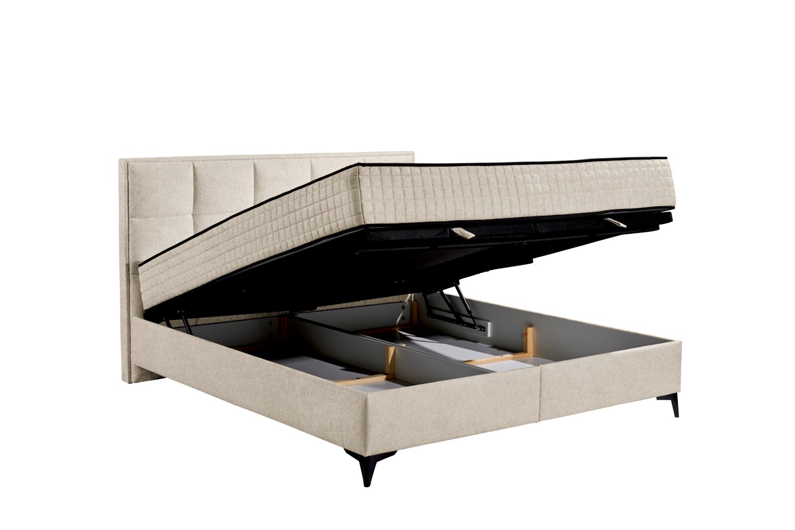 Boxbett mit hochgeklappter Matratze und Stauraum, seitliche Perspektive
