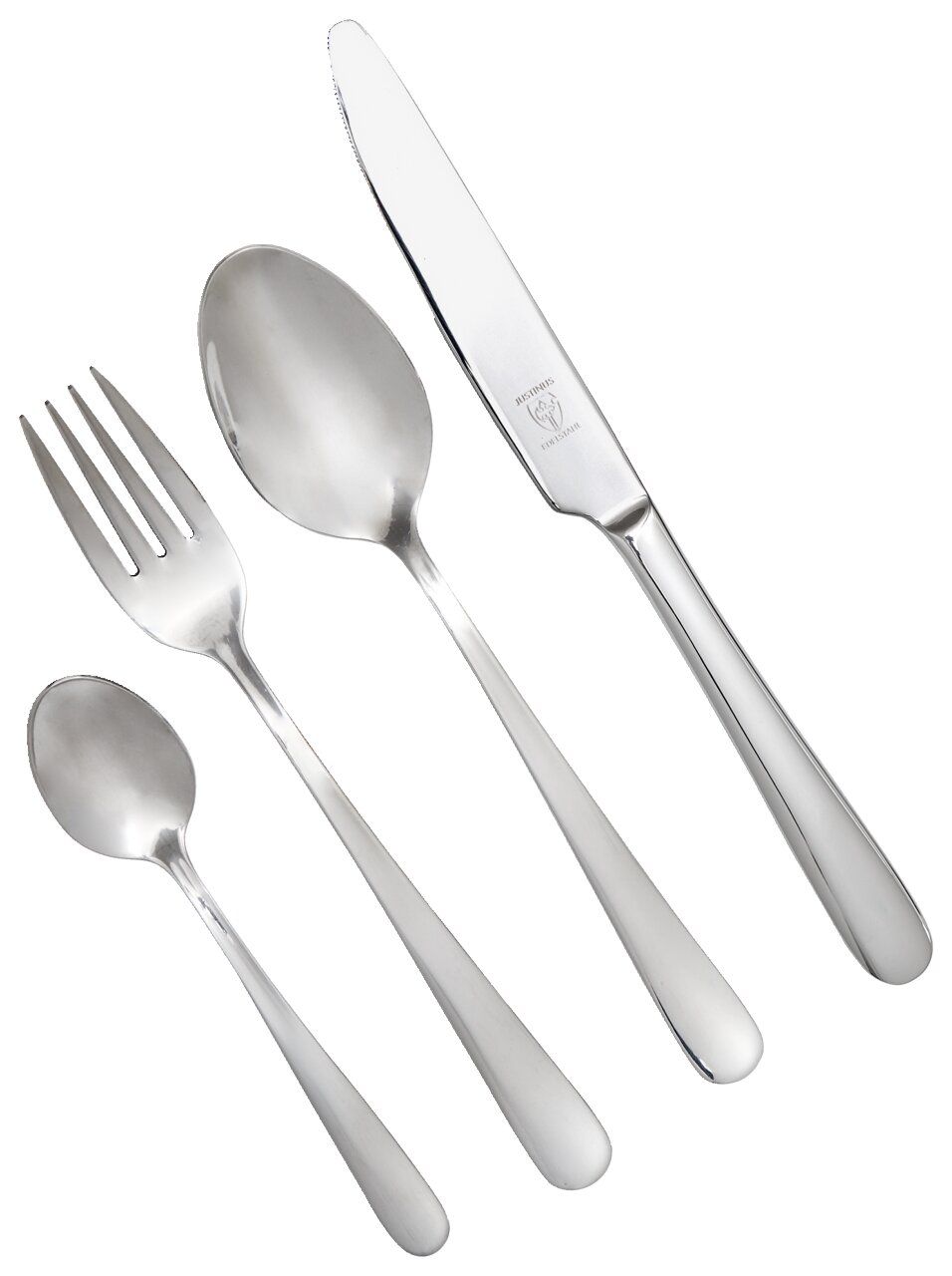Besteckset Joker, 24-teilig, bestehend aus Messer, Gabel, Esslöffel und Teelöffel, aus Edelstahl, Ansicht von oben.