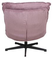 Rückansicht eines lilafarbenen Relaxsessels mit geripptem Stoffbezug und schwarzem Metallfuß.