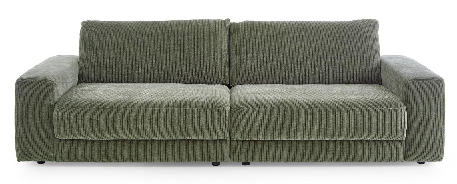 Grünes Megasofa mit breiten Armlehnen und geripptem Stoff, Frontalansicht