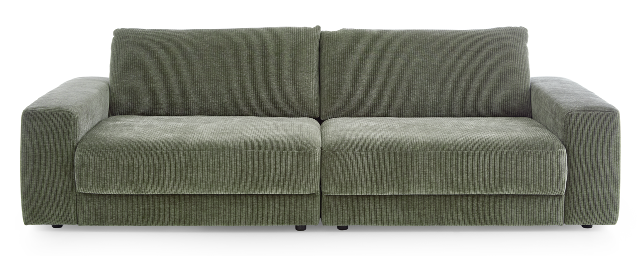 Grünes Megasofa mit breiten Armlehnen und geripptem Stoff, Frontalansicht