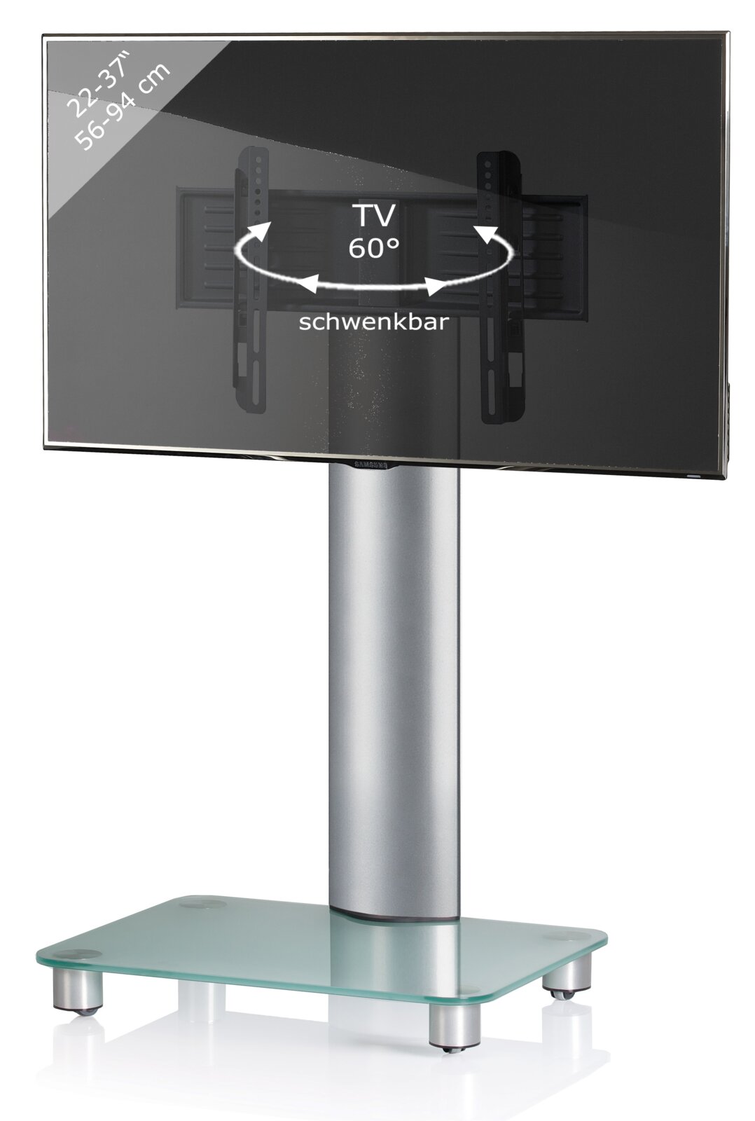 Schwenkbarer TV-Standfuß mit Glasboden und Metall-Säule, geeignet für 22–37 Zoll Fernseher, Frontansicht