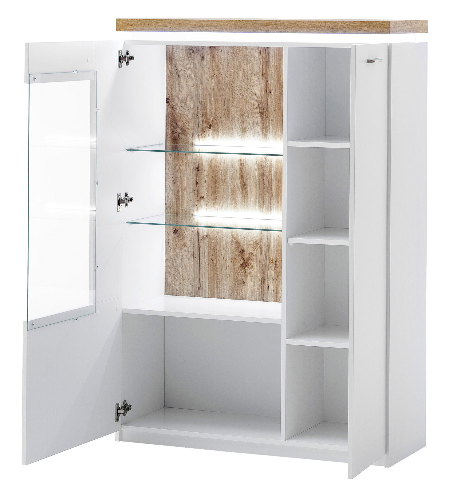 Weißes Highboard mit Holzelementen und Glastüren, Innenbeleuchtung, offene Perspektive