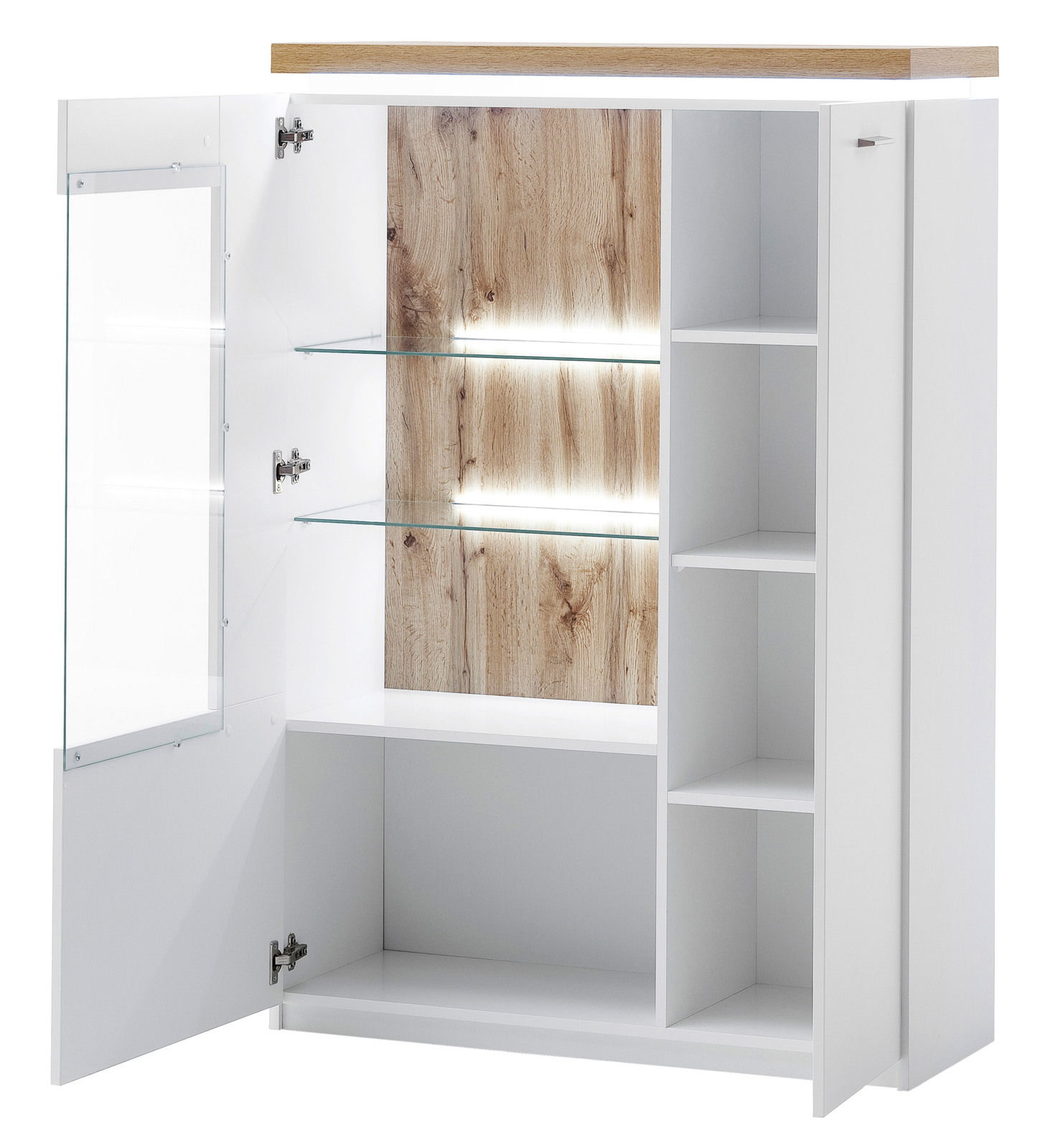 Weißes Highboard mit Holzelementen und Glastüren, Innenbeleuchtung, offene Perspektive