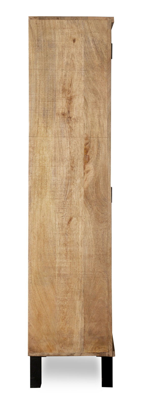 Seitenansicht eines Vitrinenschranks aus Holz mit natürlicher Maserung und schwarzen Beinen.