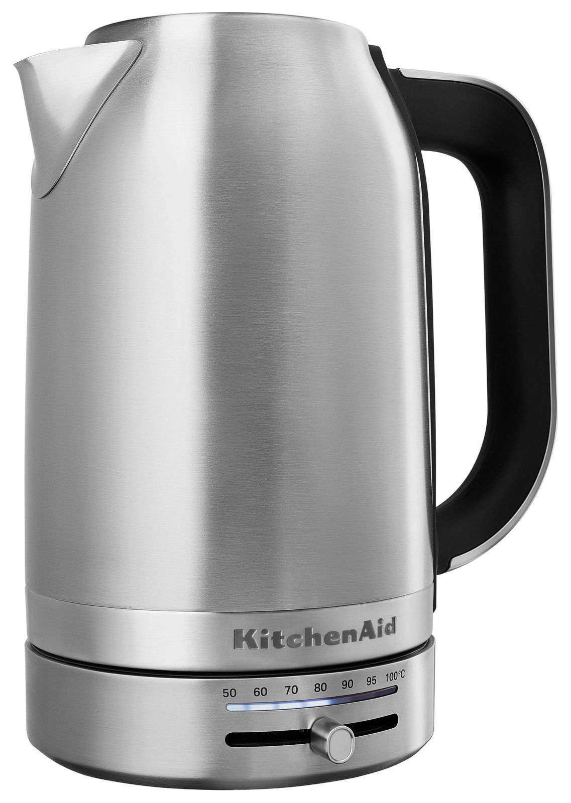 Silberner Wasserkocher mit Temperaturanzeige und schwarzem Griff, seitliche Perspektive